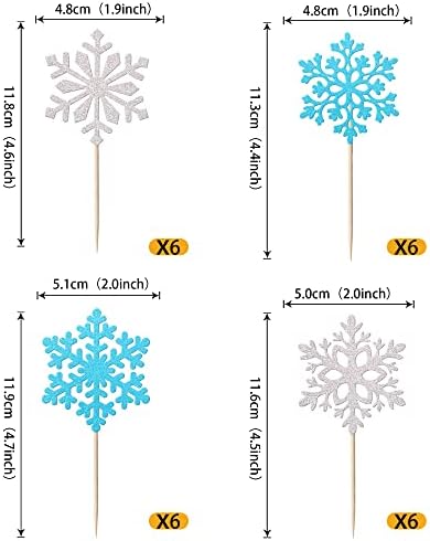 Rsstarxi 24 Pack Snowflake Cupcake Toppers Glitter Winter Frozen Theme Cupcake Picks Baby Shower Cake Decorations for Snowflake, Christmas, Kids Birthday Party Supplies Silver and Blue