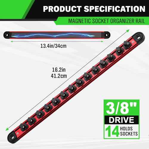 3/8-Inch Magnetic Socket Organizer Rail, Aluminum Alloy Socket Rail, Heavy Duty Sockets Holder with 14 Clips, 360¡Æ Swivel Clip Tool Tray, Sockets Organizer for Tool Box Drawer (Red)