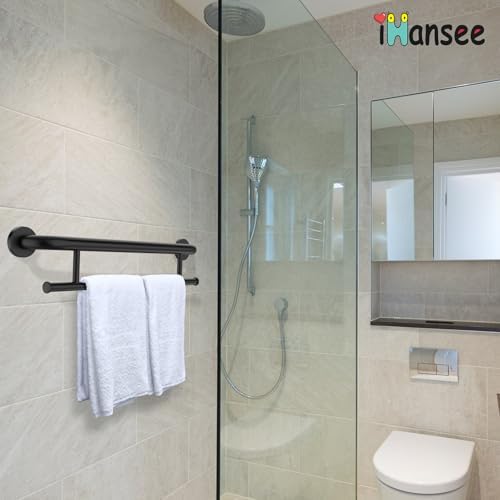 Matte Black Grab Bar 24 Inch w/Towel Holder, iHansee Stainless Steel Towel Rack Shower Support Balanced Support Handle, Wall Mount Safety Handrail Grab Rail for Elderly Senior Handicap Disabled