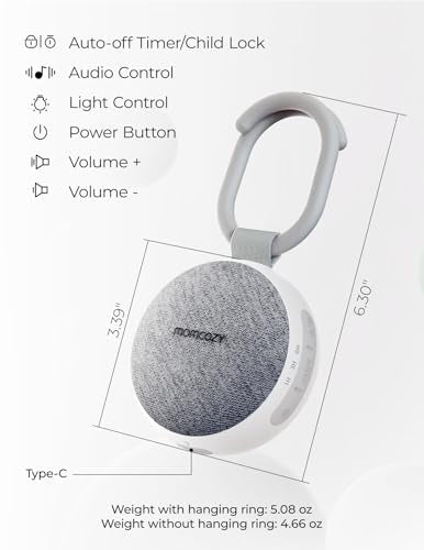 Momcozy Portable Sound Machine with Night Light, White Noise Sound Machine for Baby, 20 Soothing Sounds, Sound Therapy, Long-Lasting Power, Timer, Clips on Stroller, Grey