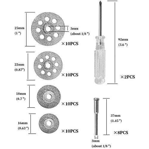 40Pcs Diamond Cutting Wheel Kit 545 Cut Off Discs Coated for Rotary Tools with 8 Pcs 3mm Mandrel and 2 Pcs Cross Crystal Screwdriver for Cutting Gem Stones, Ceramics, Glass (25/22/18/16mm Each 10Pcs)