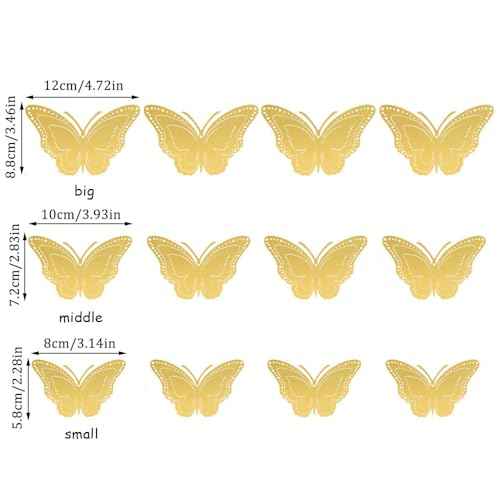 12 Pcs 3 Layers Wing Butterfly Wall Decor Gold 3D Hollow Stickers for Home Bedroom Cake Party Baby Shower Birthday Decorations