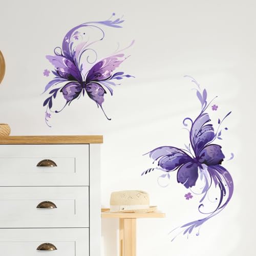 Purple Butterflies Wall Decals Removable Fantasy Insect Vinyl Stickers for Living Room Bedroom and Bathroom Decor Peel and Stick Wall Art