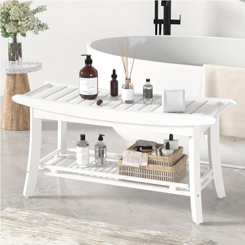 Bamboo Shower Bench Chair Bathroom Shower Stool Seat for Inside Shower Bathtub with Storage Shelf Shower Foot Rest for Shaving Legs 39 x 13 x 19.2 Inches White