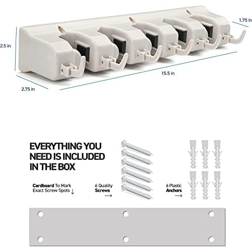 Mop and Broom Holder Wall Mount 2 Pack - Garage Storage Organizer with 5 Slots, 6 Hooks, 7.5lbs Capacity Per Slot - Home, Kitchen, Closet, Laundry Room Organization ? Off-White Broom Hanger