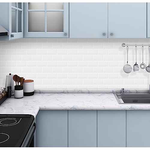 DEWOO 20-Sheet White Peel and Stick Subway Tile Backsplash Self Adhesive Brick Stickers for Kitchen Bathroom Wall (12"¡¿12")