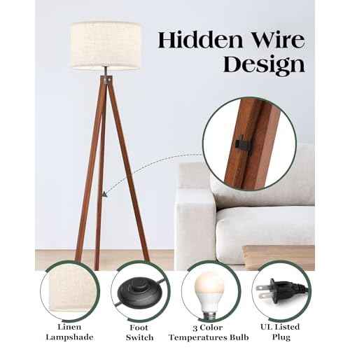 ELYONA Solid Wood Tripod Floor Lamp with 3 Color Temperatures LED Bulb, Mid Century Modern Reading Standing Light Nature Linen Shade Tall Night Light for Bedroom Living Room Office Study Room, Brown