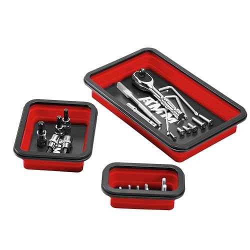 AMM Foldable Magnetic Parts Tray Set, 3 Different Size Magnetic Tool Trays for Bolts Screws Nuts & Small Metal Parts, Mechanic Tool Present for Men£¬Red