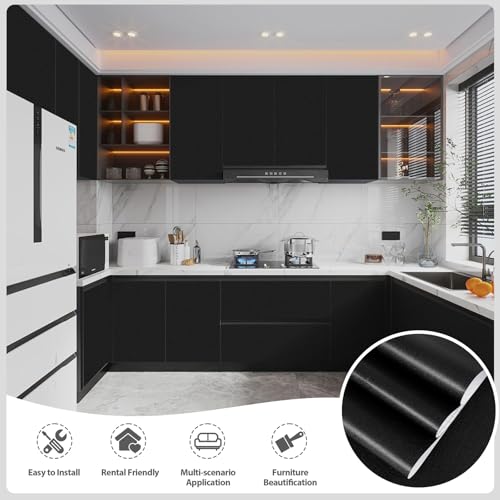 Abyssaly Black Wallpaper Black Peel and Stick Wallpaper, Matte Contact Paper Self-Adhesive and Removable Vinyl Wall Paper for Cabinets Countertops Wall Covering 17.7" X 118"