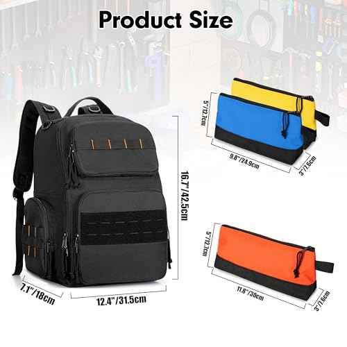 Tool Bag Backpack with 3 Tool Zipper Pouch, Tool Organizer Bag for Men with Padded Support, Tactical Tool Storage Work Bag for Repairman, Electrician, Handyman, Black (Patented Design)