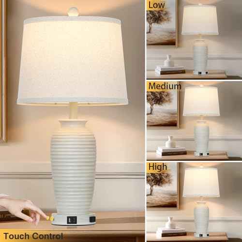25" Vintage Farmhouse Jar Table Lamps, Single Rustic Bedside Lamp with USB A+C Ports & AC Outlet, Nightstand Lamps for Living Room, Bedroom, End Table, Cream(LED Bulb Included)