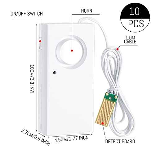 Hoteam 10 Pcs Water Sensor Alarm Leak Detector 120db Water Leak Alarm 9v Battery Flood Sensor Detector Overflow Security Alert for Home Basement Kitchen Garage Bath Tub Sink, White