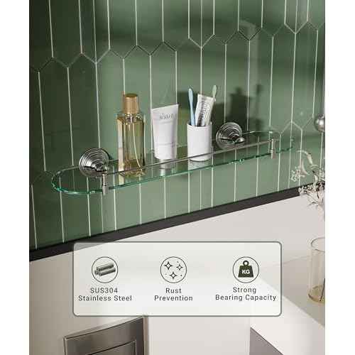 Glass Shelf for Bathroom, 20 Inch Glass Floating Shelves for Wall, Glass Bathroom Shelves with Stainless Steel guardrail (Brushed Nickel)