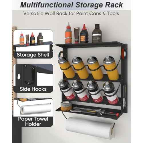 Spray Paint Can Holder with Paper Towel Holder for Home Garage Organizer, Wall Mount Paint Bottle Tool Utility Storage Rack with 8 Holes & 2 Shelf for Shop, Black