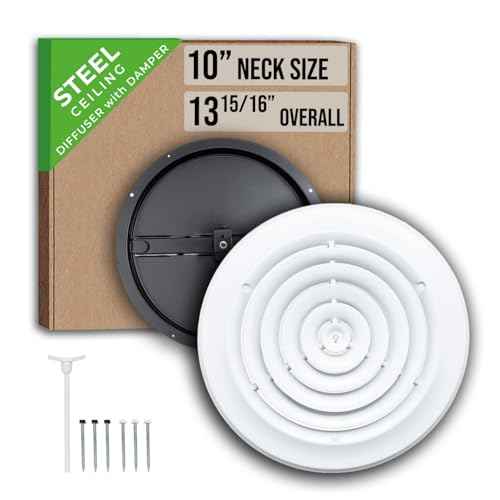 Fits 10 Inch Neck Air Duct | Steel Round Air Supply Diffuser for Ceiling by Handua | 10" Neck Steel Butterfly Damper&Handle Included | Round Diffuser Vent Cover | White | Outer Dimension: 13-15/16"