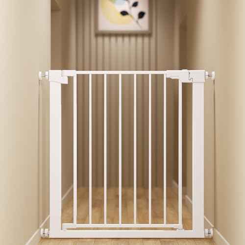 29-32" Metal Baby Gate for Stairs/Doorways, 30" Tall Pressure Mounted Pet Gates, Auto-Close Child Safety Gate, No Drilling Easy Walk-Through Dog Gate Indoor, White