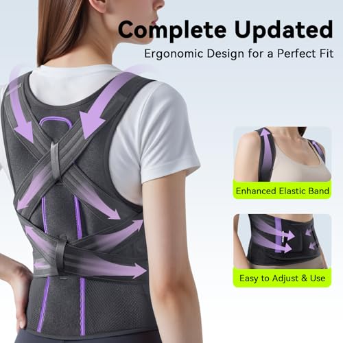 2025 New Posture Corrector for Women & Men, [Enhanced Support & Breathable Mesh] Upgraded Back Brace, Adjustable Shoulder Straightener for Neck Back Pain Relief, Scoliosis Improvement(Black Purple,M)