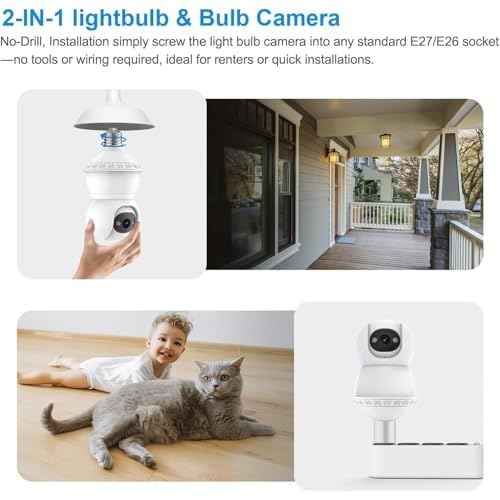 Light Bulb Security Camera, 5G/2.4GHz WiFi Lightbulb Cameras Outdoor for Home Security,2-IN-1 Bulb Security Camera with LED Light E27 Compatible, Smart AI Human Detection,Color Night Vision (1Pack)