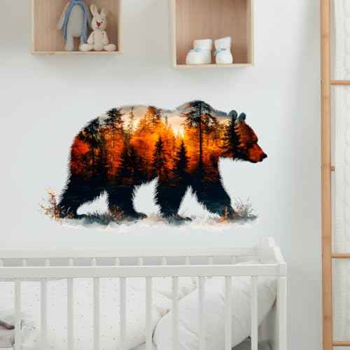 Bear Forest Silhouette Wall Decals Removable Autumn Nature Vinyl Stickers for Nursery Living Room and Bathroom Woodland Decor Peel and Stick Wall Art