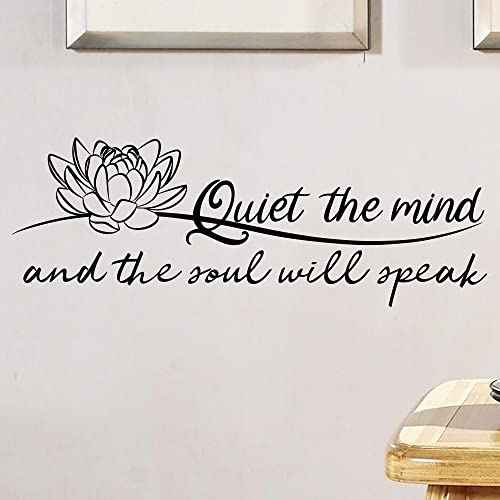 Quiet The Mind and The Soul Will Speak Lotus - Pure Black Vinyl Wall Decal Without Transparent Edge Art Letters Meditation Quotes Decoration Yoga Pilates Sayings