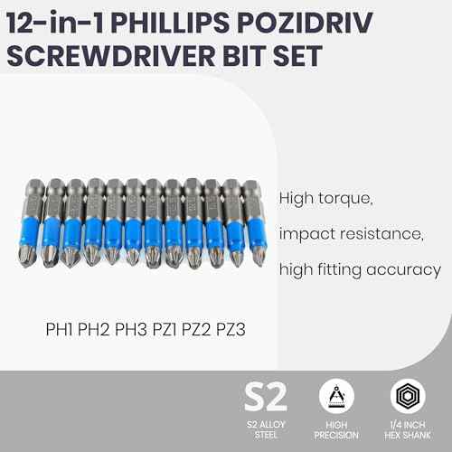 Anti Slip Phillips Cross Slot Pozidriv Screwdriver Bit Set 12PCS 1/4 Inch Hex Shank 2 Inch/50 mm Length S2 Steel with Magnetic for Power Screwdriver Drill Impact Driver Tool Accessory
