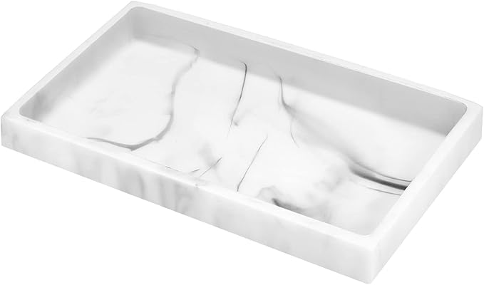 Luxspire Bathroom Vanity Tray, Resin Dresser Jewelry Ring Dish Tank Storage Kitchen Sink Countertop Organizer Plate Holder for Perfume Candles Soap Towel Plant Bathroom Accessories, M, White Marble