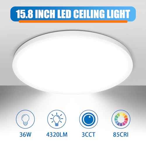 Allsmartlife Led Flush Mount Ceiling Light 2 Pack, 15.8 inch 32W 4320lm Dimmable Led Ceiling Light, 3000K/4000K/6500K, Round Led Light Fixture for Laundry Room, Hallway