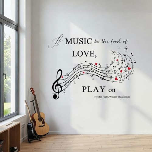 Music Quote Wall Decal,If Music Be The Food of Love Wall Sticker,Shakespeare Quote with Musical Notes for Home,Studio or Classroom