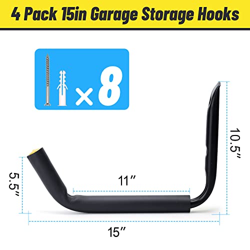 GEEDAR 100 LB Capacity (15") Heavy Duty Garage Storage Hooks (4packs) Kayak Storage Hanger Wall Mounted Rack for Hanging Ladders, Bikes