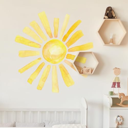 Cumule Boho Watercolor Sun Wall Decals, 22.44x22.04 Inch, Yellow, PVC, Indoor, Nursery Wall Stickers, Rectangular, Cartoon, Sun-1, 2 Pack