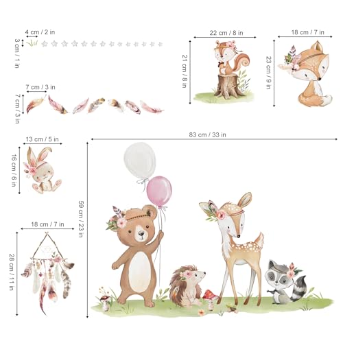 decalmile Boho Woodland Animals Wall Stickers Deer Bear Fox Rabbit Wall Decals Baby Nursery Kids Bedroom Living Room Wall Decor