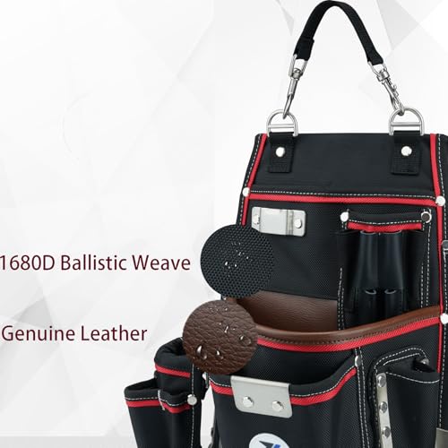 20-539 Professional Heavy Duty Tool Pouch with Hammer Holder & Tape Clip | 1680D Ballistic Nylon + Genuine Leather | Belt Loop & Hand Carry