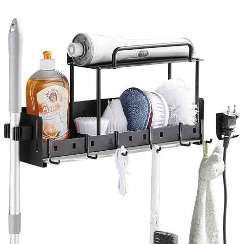 Wall-Mounted Cleaning Tool Organizer, 16.14x4.33x3.74 inches, Black Storage Rack with Drip Tray, Mop Holder with 5 Hooks