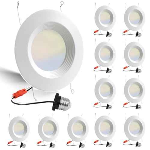 12 Pack 5/6 Inch 5CCT LED Recessed Light Retrofit, 2700K/3000K/4000K/5000K/6500K Selectable Downlight, Dimmable Can Lights with Metal Baffle Trim, CRI 90, 10.5W=85W, E26 Base, IC & Wet Rated, ETL&FCC