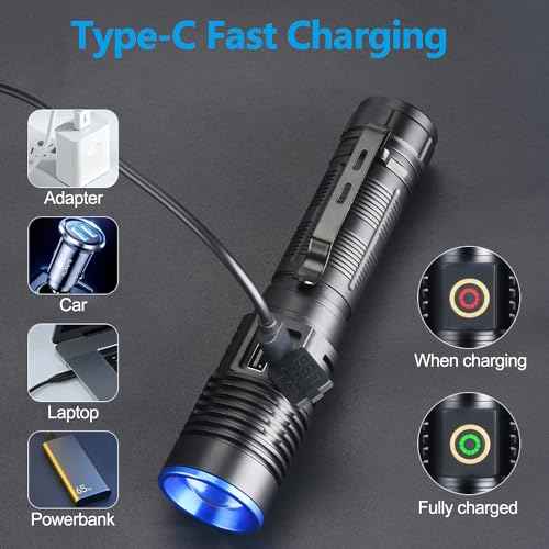 WINDFIRE Multicolor Flashlight 5 in 1 LED Tactical Rechargeable Flashlights High Lumens White Red Green Blue Yellow Light Multicolor Lens 4 Modes Zoomable for Camping Hiking Fishing Hunting