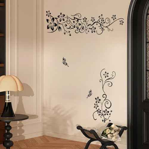 Joyartu Flowers Vine Decals Black Flowers Butterfly Wall Stickers, Diagonal Floral Decals for Living Room TV Background, DIY Home Decor