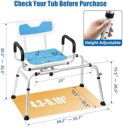 Sliding Shower Chair Tub Transfer Bench with Swivel Seat-Adjustable Height, Padded Armrests & Non-Slip Feet - Shower Chair for Inside Tub, Ideal for Seniors & Disabled