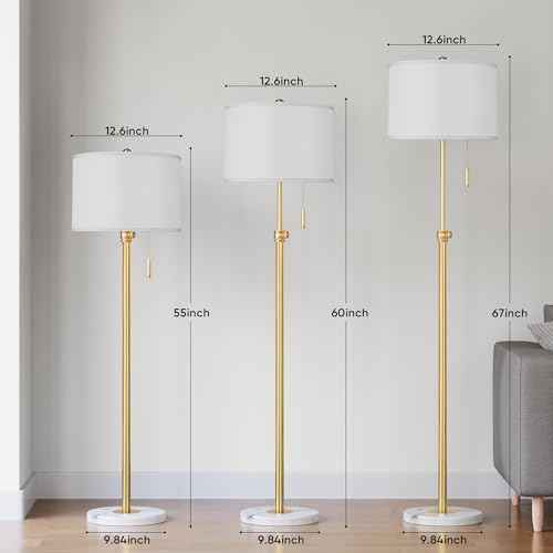 PARTPHONER Floor Lamp for Living Room, 66'' Adjustable Height Standing Lamp with Marble Base, 3-Color Tall Lamps with Pull Chain, Suitable for Bedroom, Reading, Office (Bulb Included, White Shade)