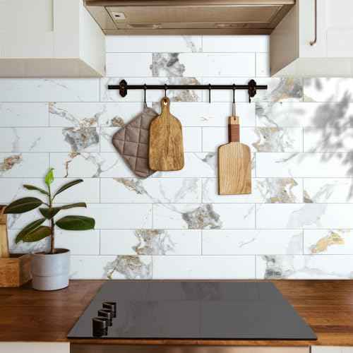 AULIGET 40-Piece Polished White Marble with Gold Peel and Stick Backsplash Wall Tiles, 3" x 12" PVC Faux Stone Stick on Tiles for Backsplash Kitchen, Bathroom, Laundry Room, Camper, Fireplace