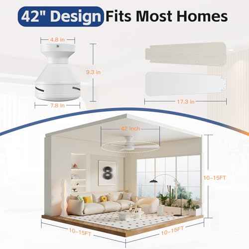 Ceiling Fans with Lights, 42 Inch Ceiling Fan with Light And Remote, 3CCT Flush Moun Low Profile Ceiling Fans, 6 Speed Noiseless LED Ceiling Fan, White Ceilings Fan with Remote for Bedroom Living Room