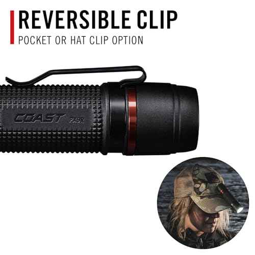 Coast PX9R Rechargeable LED Flashlight with Dual Optic Lighting, Pocket Clip and Grip-Textured Handle, 1000 Lumens