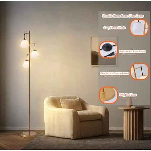 Fiqevs Flower Floor Lamp for Living Room, Mid Century Gold Floor Lamp with 3 Floral Shades and Bulbs Included, Elegant Standing Tree Lamp for Kids Room, Bedroom Office - Antique Brass