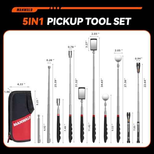 Telescoping Magnetic Pickup Tool Set with Portable Bag, Extendable Flashlight with 360¡Æ Inspection Mirror, Christmas Stocking Stuffers for Men Adults, Gifts for Men Mechanics, and Handymen, Red