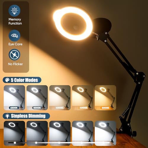 15X 10X Magnifying Glass with Light and Clamp, 5-inch Lighted Magnifier with Dust Cover, 84 LED 5 Color Modes Stepless Dimmable Hands-Free Magnifying Glass Desk Lamp for Reading Craft Hobby Close Work