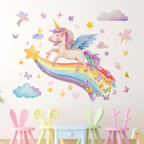 Yovkky Unicorn Rainbow Wall Decals Stickers, Cloud Stars Love Hearts Butterfly Toddler Baby Nursery Decor, Home Decorations Girls Kids Bedroom Playroom Art