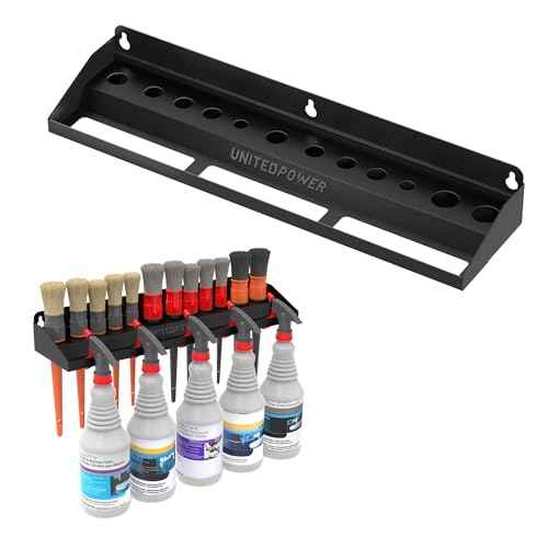 UNITEDPOWER Brush and Trigger Bottle Holder, Wall Mount Storage Rack Organizer for Auto Repair Shops Car Washes And Home Garages, Stores up to 12 Detailing Brushes & Hanging Rail for Bottles