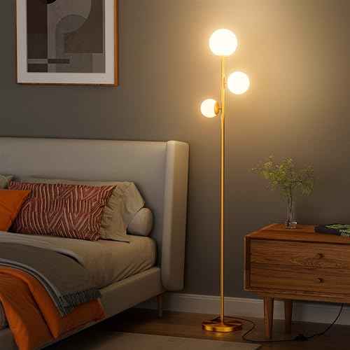 Floor lamp with 3 Frosted Glass Shades,Stangding Lamp Floor Lamps for Living Room Bedroom Office with 3 led Bulbs,Tall lamp with Foot Switch (Gold)