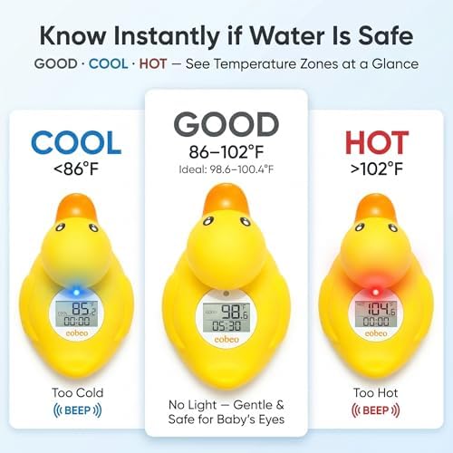 Baby Bath Thermometer with Smart Temperature Alert, Accurate Digital Water Thermometer, Adjustable High Temp Alert for Newborns, Floating Duck Toy with Timer, LED & Sound Alarm, BPA-Free, Waterproof