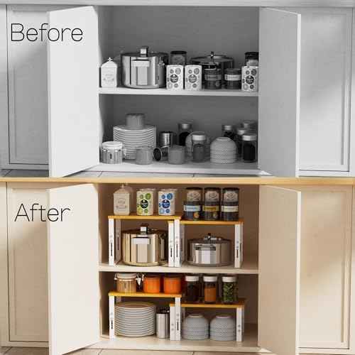 Adjustable Storage Shelves for Kitchen Cabinet Organization - Set of 2 Stackable Metal & Engineered Wood Racks, Space-Saving Design for Countertop/Pantry/Garage, Easy Assembly(2 Packs/Large/White)