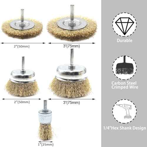 5PC Brass Coated Wire Wheel Brush Kit for Drill, Crimped Cup Brush with 1/4-Inch Shank,0.13mm Coated Brass Wire Brushes, for Fast Removal of Rust, Paint and Scale from Metal and Wood